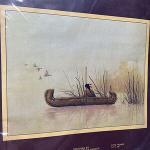 Vtg 1984 Sunset Stitchery Kit Still Waters 2486 Native American Image Canoe
